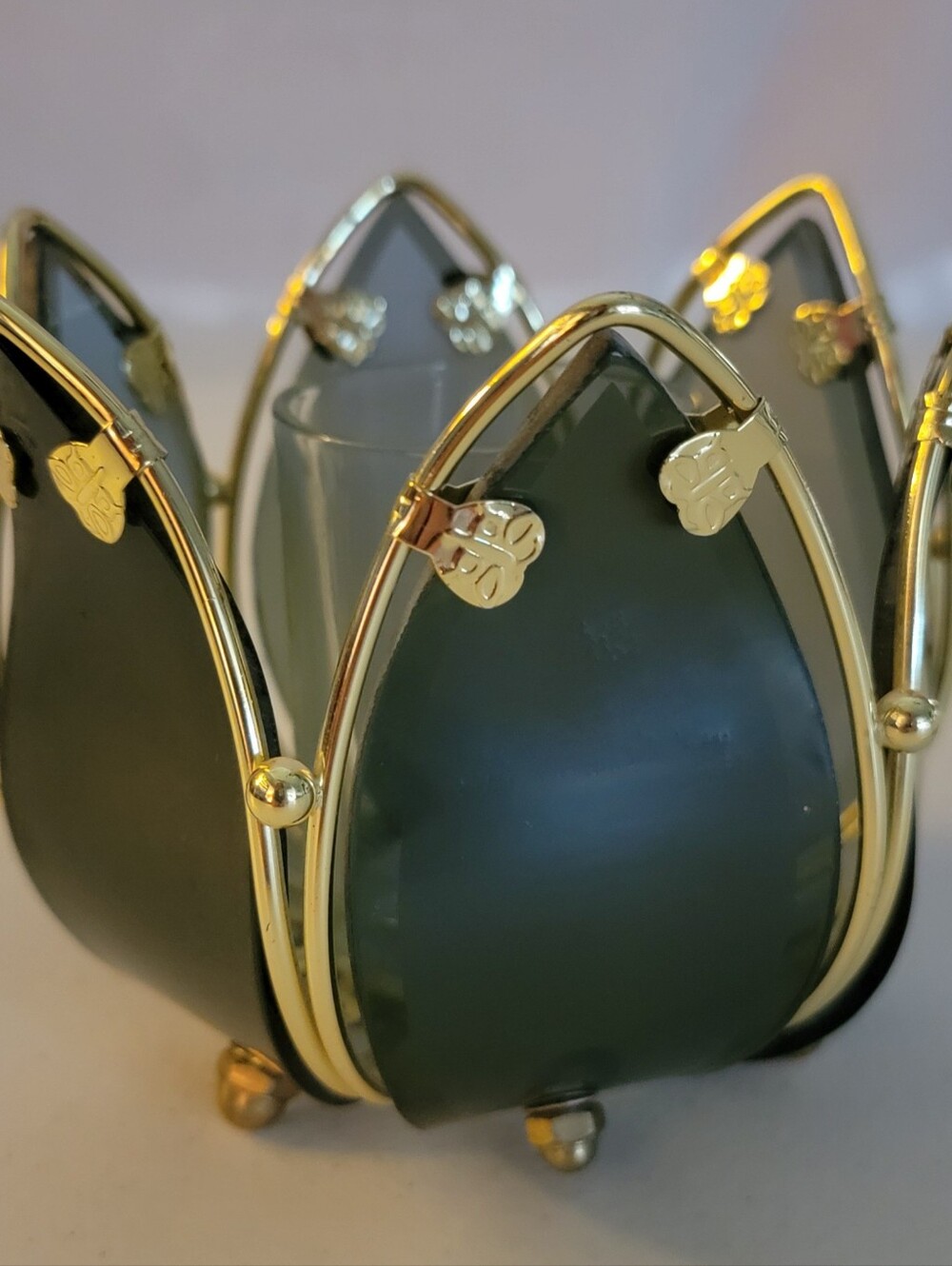 PartyLite Lotus (or Water Lily) Tealight Votive Candle Smoked-grey and brass.